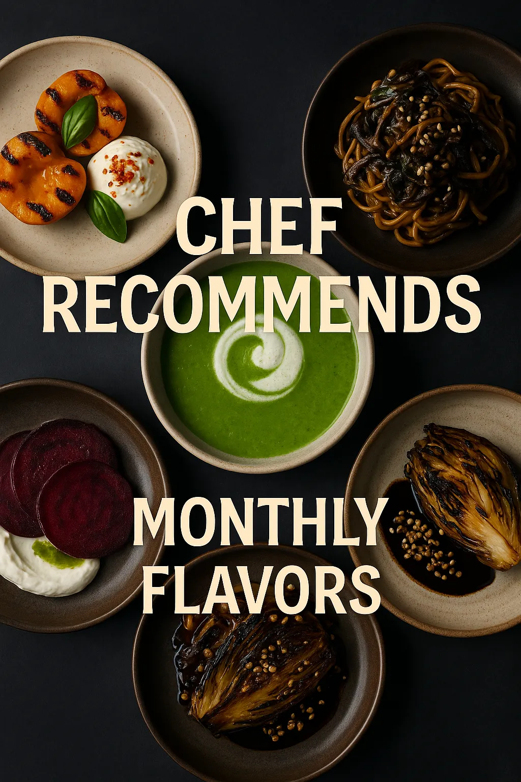 A promotional image features five gourmet dishes selected by the chef at Eats & Elixirs, including grilled apricot with burrata, mushroom noodles, pea soup, beetroot with labneh, and charred cabbage, arranged around bold cream text reading “Chef Recommends Monthly Flavors.”
