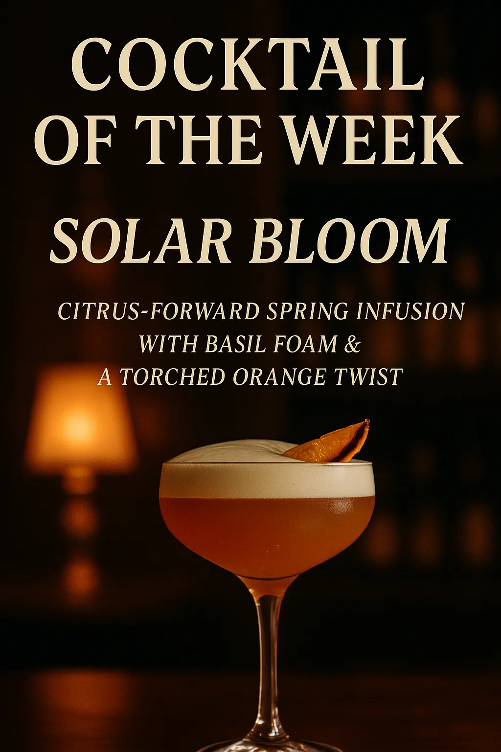 A glowing cocktail named Solar Bloom sits on a dark wood bar, topped with basil foam and a charred orange slice. The background shows soft bar lighting, with cream text reading “Cocktail of the Week – Solar Bloom.”