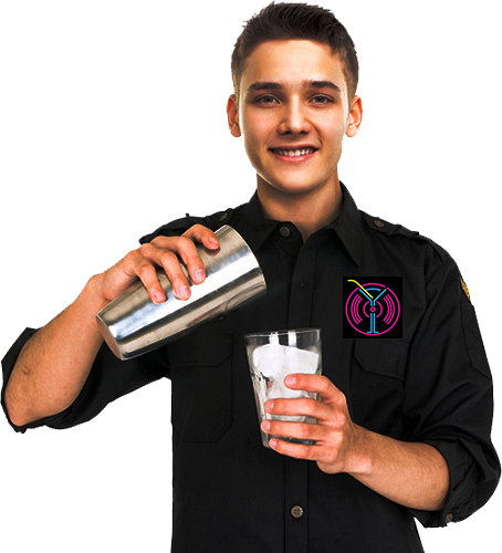 A man in a black shirt is pouring a drink