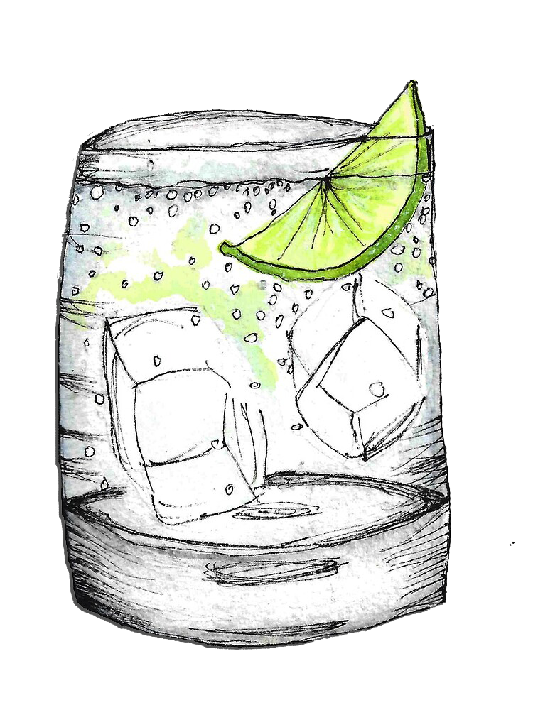 A drawing of a drink with a lime wedge