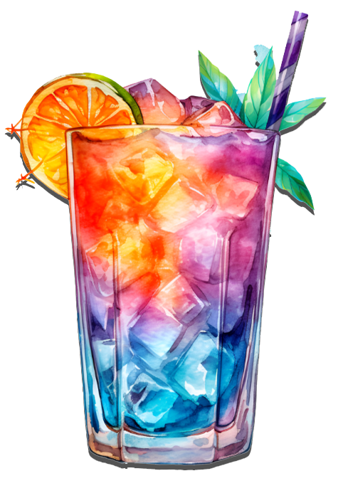 A painting of a colorful drink with a slice of orange